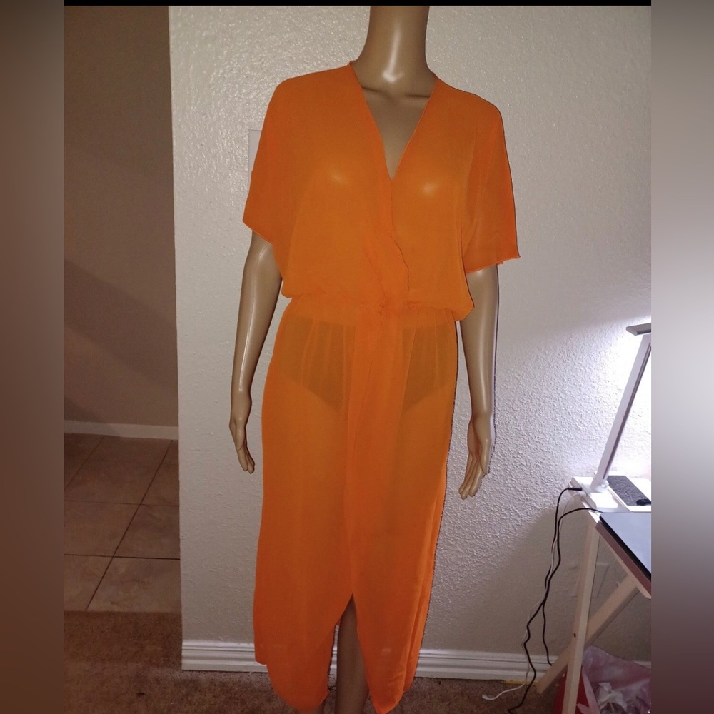 Sheer See Through Orange Twist Front Short Sleeve Cover up Dress